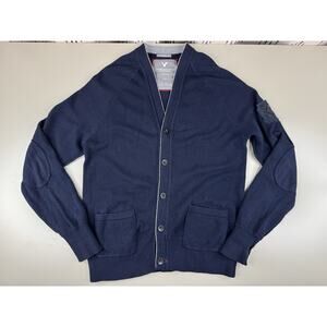 American Eagle Mens Wool Blend Cardigan Sweater L Navy Blue Elbow Patches Preppy